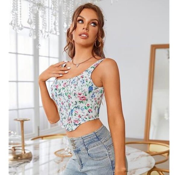 Blue Floral Print Bustier Corset Crop Top‎ Strap Boned Y2K Party Club Top - Picture 1 of 5